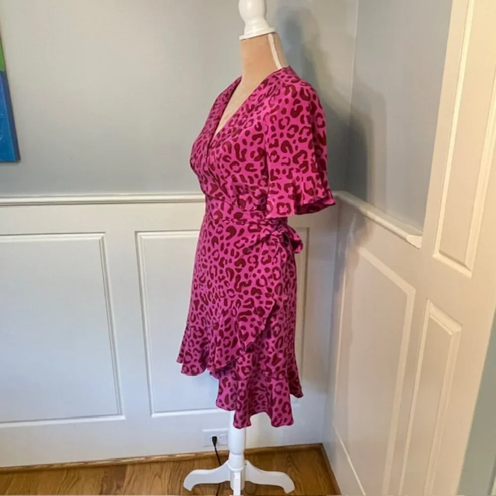 Marie Oliver Silk Leopard Wrap Dress Pink Ruffle Mini XS - Picture 5 of 12